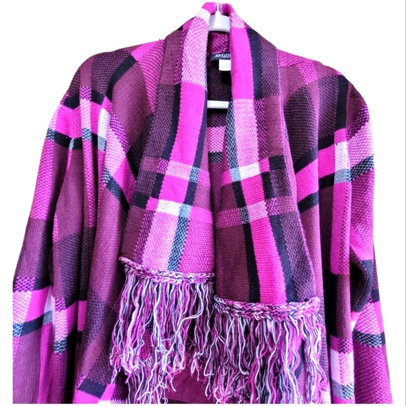 Notations Pink Plaid Fringe Cardigan – Cozy Open Front Sweater Jacket L - Picture 3 of 6